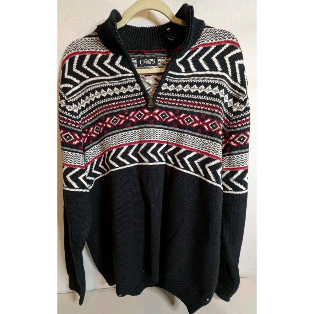 Chaps Men's Black, Red, & White Fair Isle‎ Pattern 1/4 zip Mock Neck Size Large